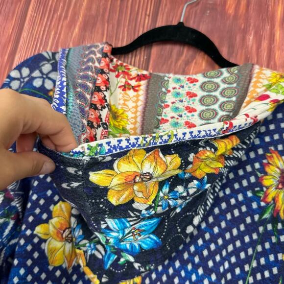 JOHNNY WAS Cotton Cashmere Printed Duster Hoodie Cardigan Blue Yellow Size XS - Picture 6 of 8